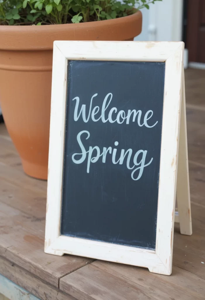 DIY chalkboard garden sign with spring quote for outdoor porch decor