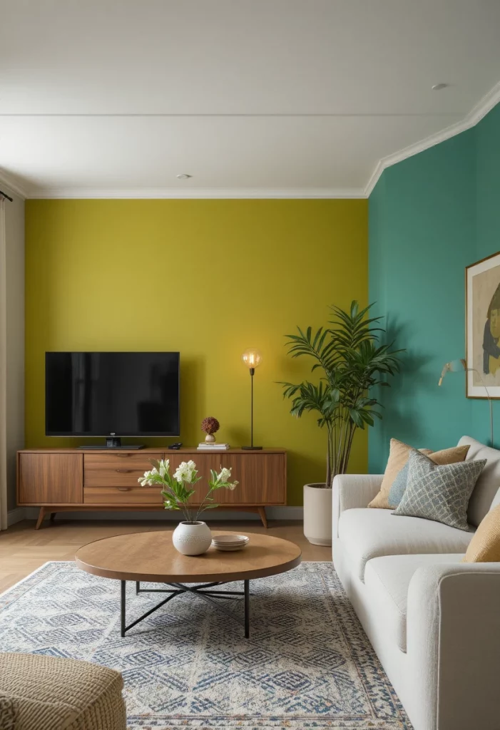 Chartreuse green accent wall paired with warm wood furniture in a modern living room