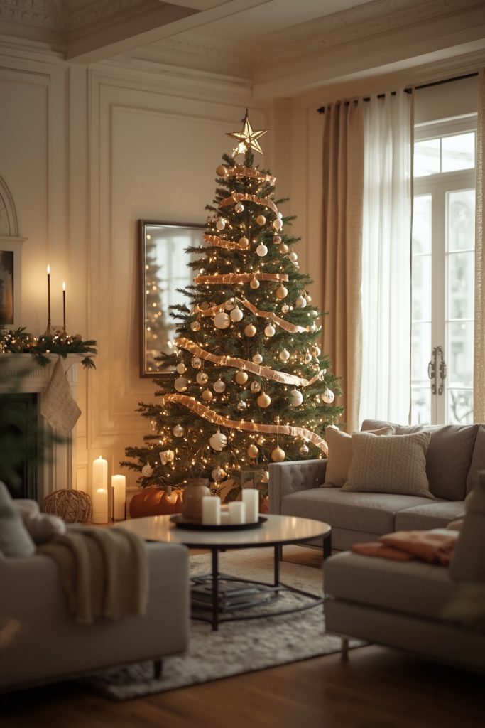 Christmas living room decor with a beautifully decorated tree as the focal point, creating a warm, balanced, and inviting holiday space.