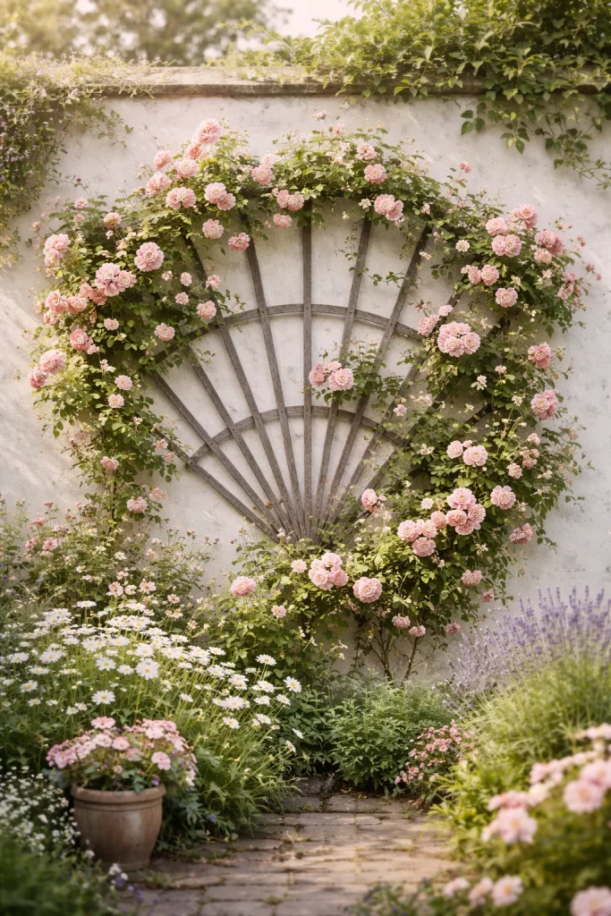 Classic wooden fan trellis with climbing roses in a cottage garden β simple trellis ideas for garden walls
