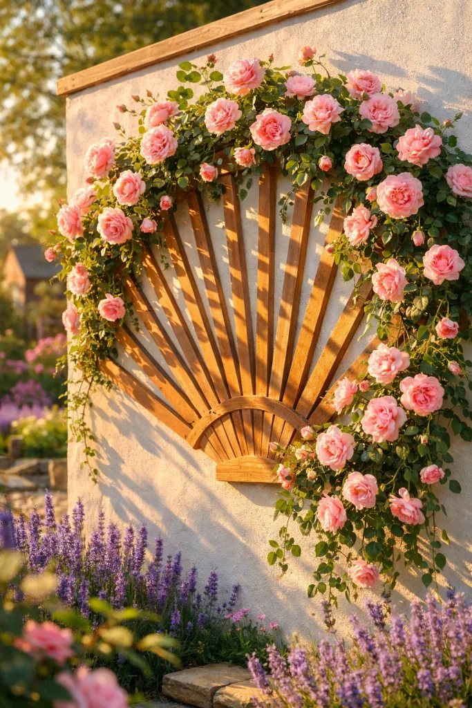 Wooden fan trellis for garden covered in climbing pink roses in a cottage backyard at golden hour