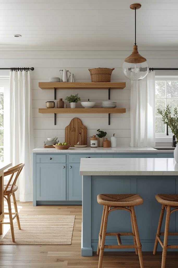 Coastal blue and white kitchen with cerulean cabinets, raw oak shelves and rattan bar stools in a beach house style