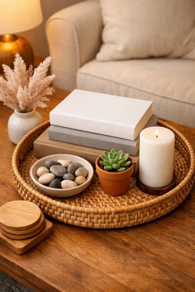 Budget coffee table styling idea using a rattan tray with coffee table books, a candle, and succulent for a curated living room centerpiece