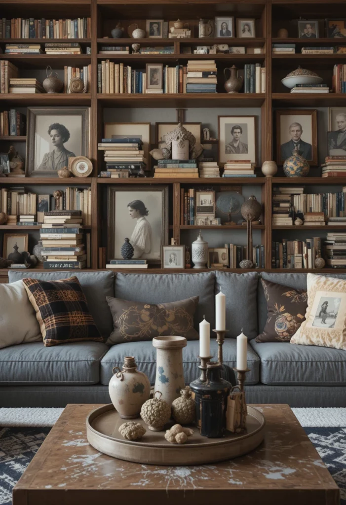 Personalized living room decor with curated bookshelf, ceramics and coffee table vignette