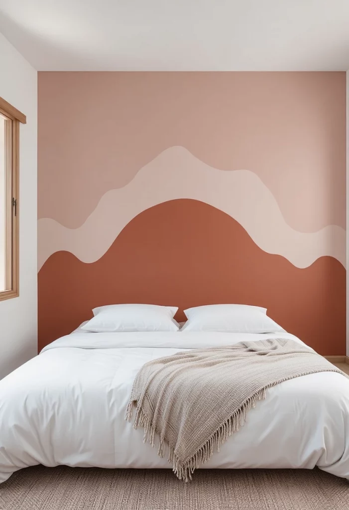 Color-blocked colorful bedroom wall in dusty pink and terracotta creating a DIY headboard effect