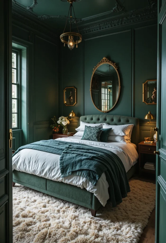 Small colorful bedroom in deep forest green with gold accents and plush cream rug