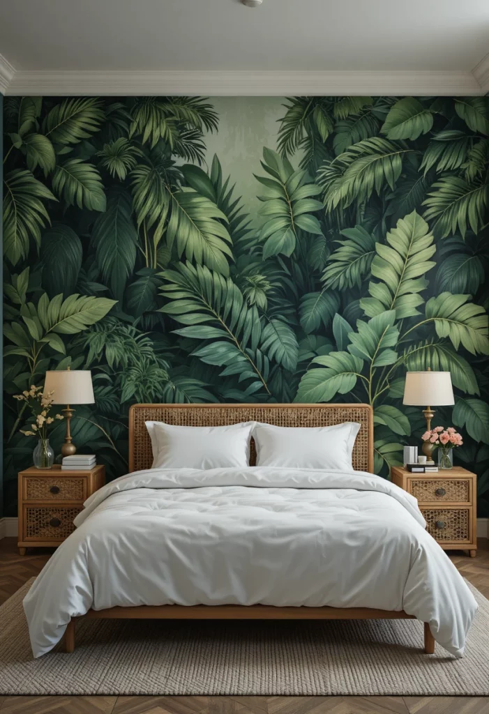 Colorful bedroom with botanical jungle mural wallpaper, white bedding and rattan furniture