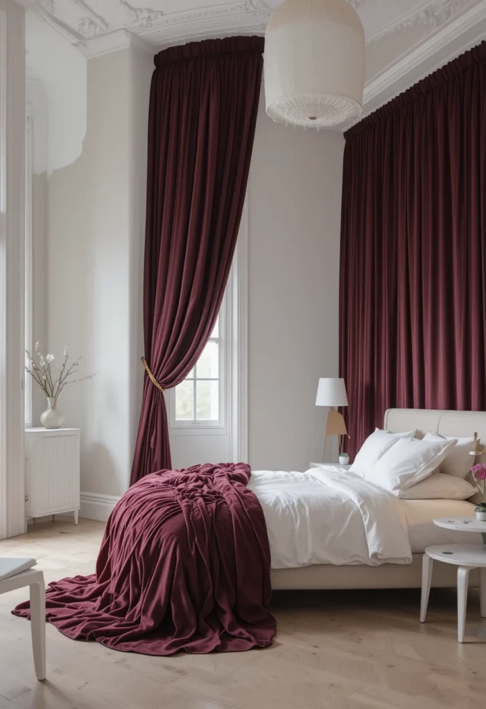 Colorful bedroom with floor-to-ceiling deep berry velvet curtains against white walls