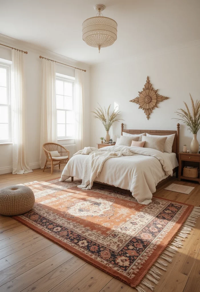 Layered colorful rugs in a bohemian bedroom with rust kilim over natural sisal base