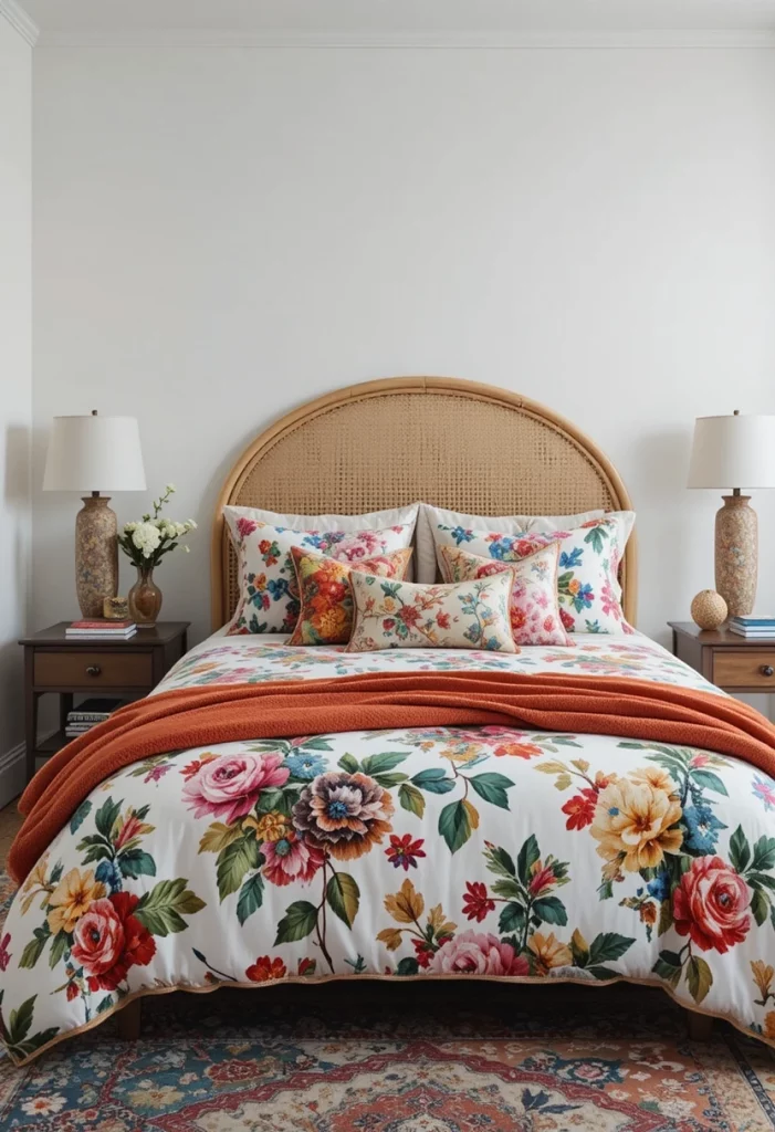 Maximalist colorful bedding on a white bed with layered pillows and terracotta throw