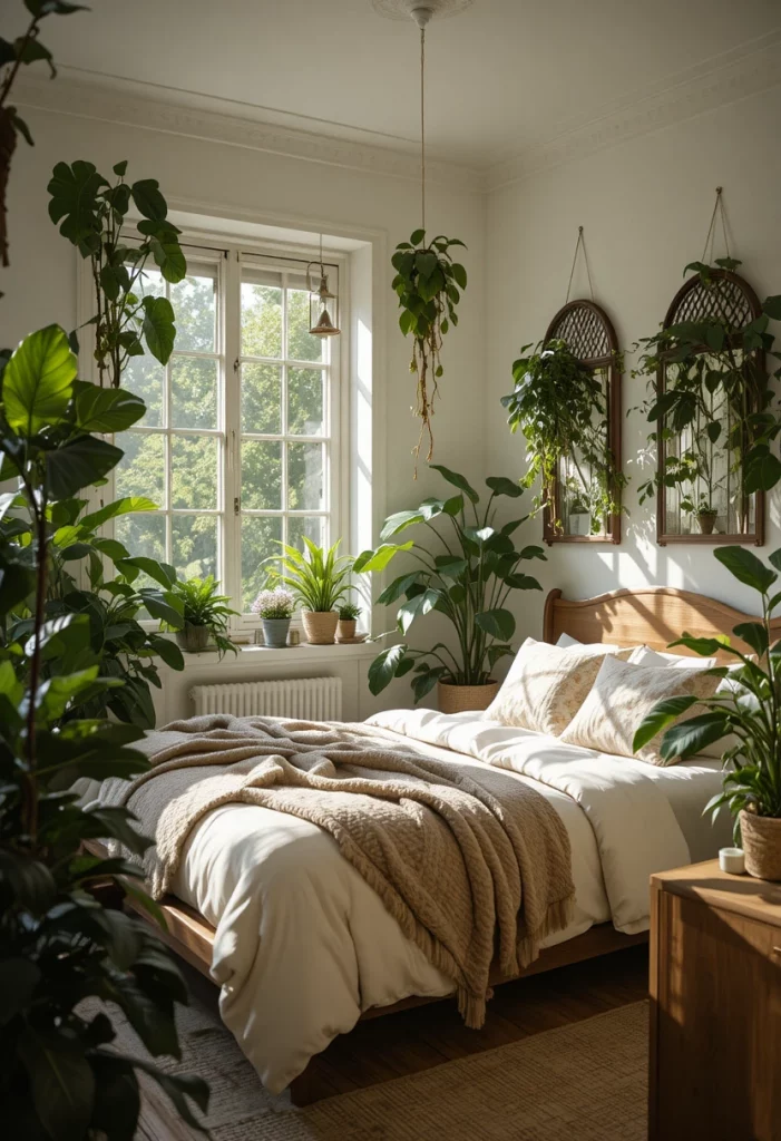 Plant-filled colorful bedroom with monstera and anthuriums as living decor in natural morning light