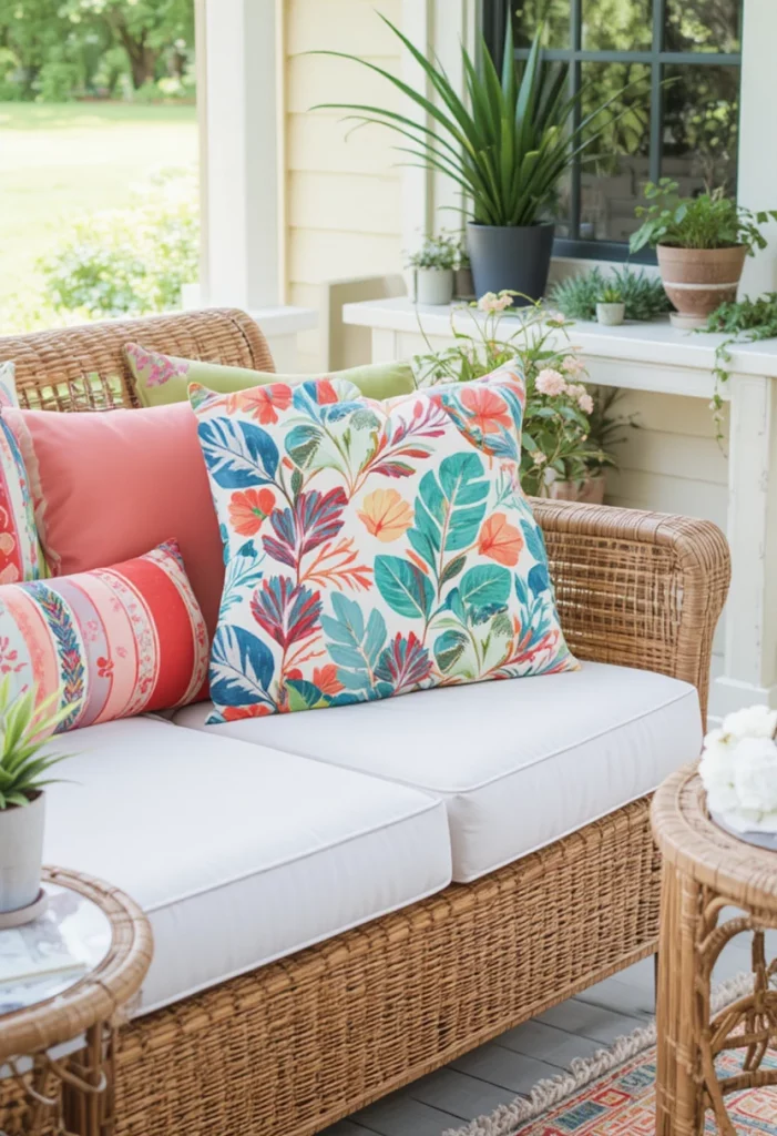 Colorful tropical print throw pillows styled on summer porch rattan sofa