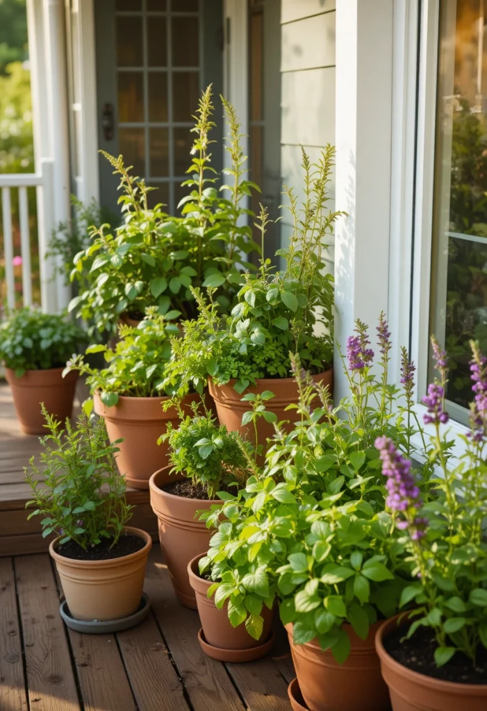 Container herb garden on summer porch with terracotta pots of basil, rosemary, mint, and lavender