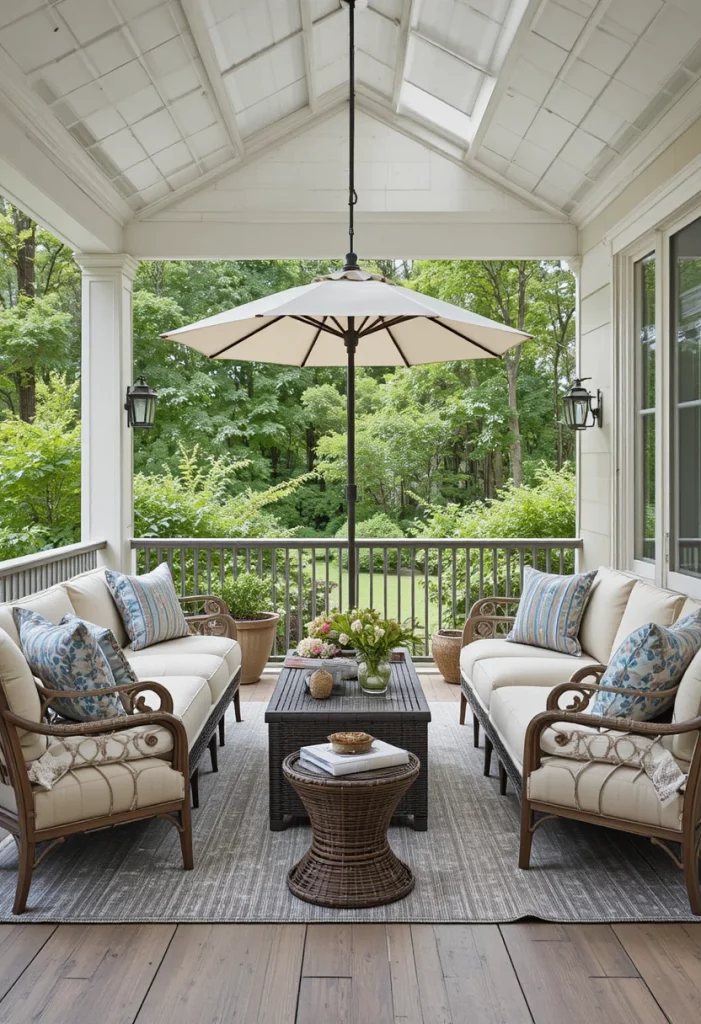 Conversation seating layout on summer porch with loveseats, chairs, and central coffee table