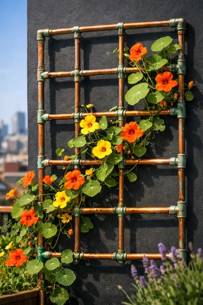 Unique trellis ideas for garden using copper pipe grid panel with trailing nasturtiums on a dark garden wall
