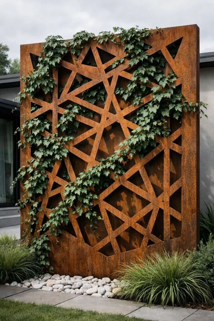 Corten steel panel trellis with Boston ivy β industrial modern trellis ideas for contemporary gardens