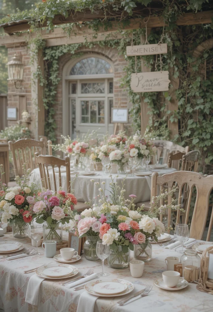 Cottagecore cozy fall wedding garden party with wildflowers mismatched china and handwritten signs