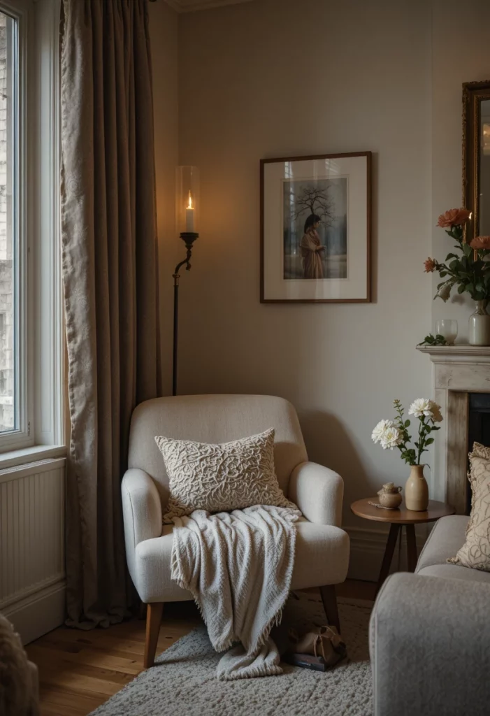 Cozy corner in aesthetic living room with reading nook and soft decor