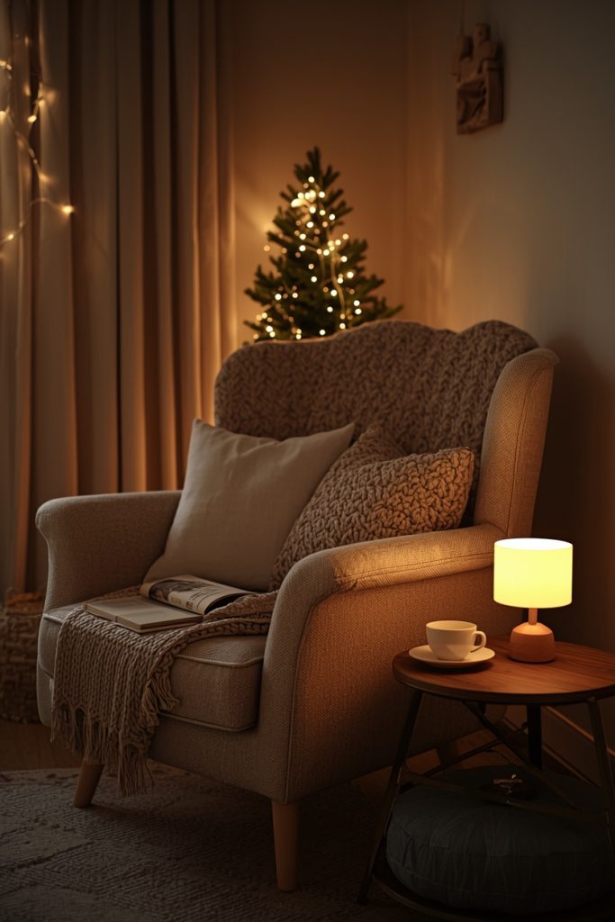 Cozy Christmas living room reading corner with armchair, blanket, warm lighting, and festive decor creating a relaxing space.