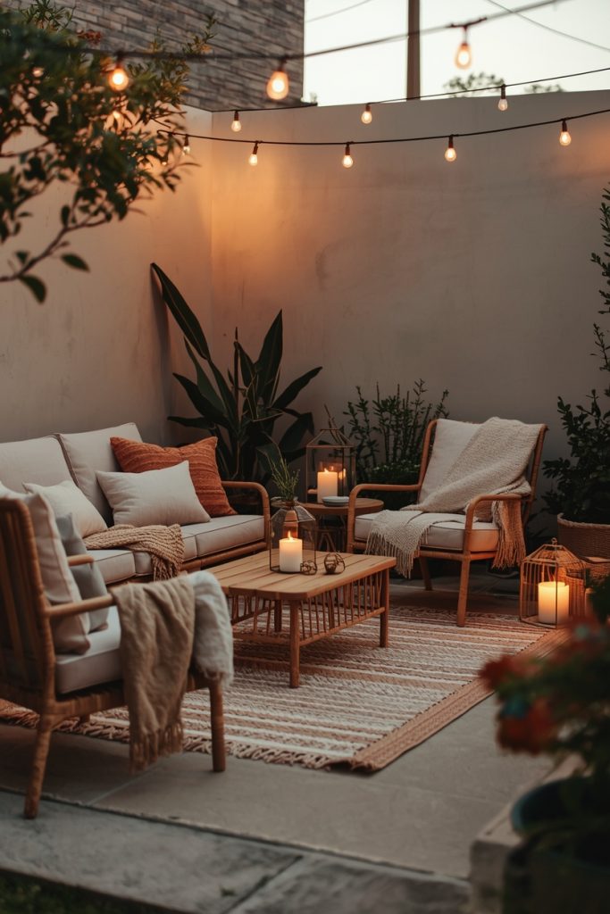 Cozy outdoor patio setup with soft cushions, layered rugs, warm lighting, and textured decor creating a comfortable and inviting space for relaxation.