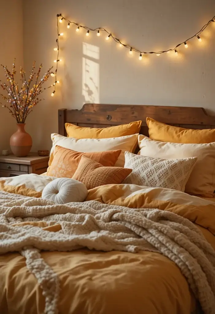 Cozy yellow bedroom aesthetic with amber lighting, honey linen bedding and chunky knit throw blanket