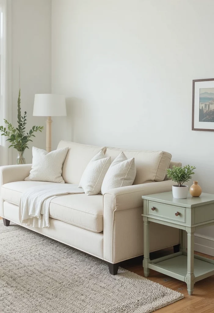 Cream sofa flanked by sage green side tables in a clean modern living room