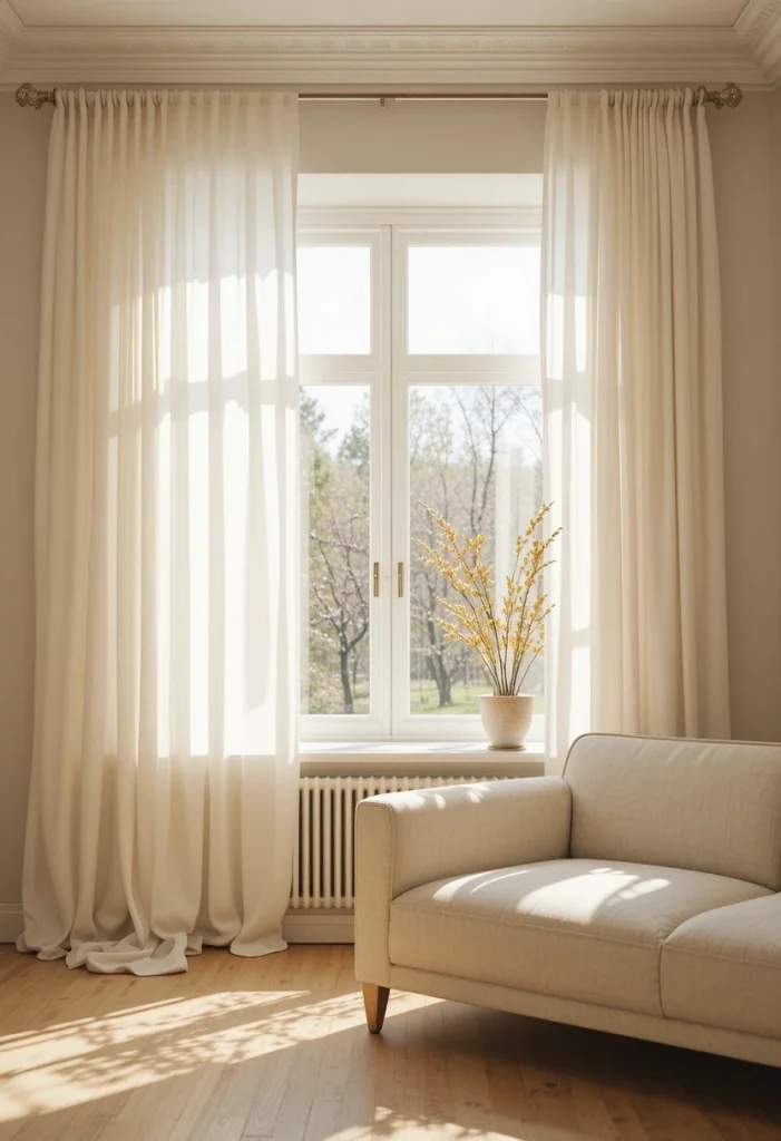 Bright living room spring ideas with sheer linen curtains and natural sunlight