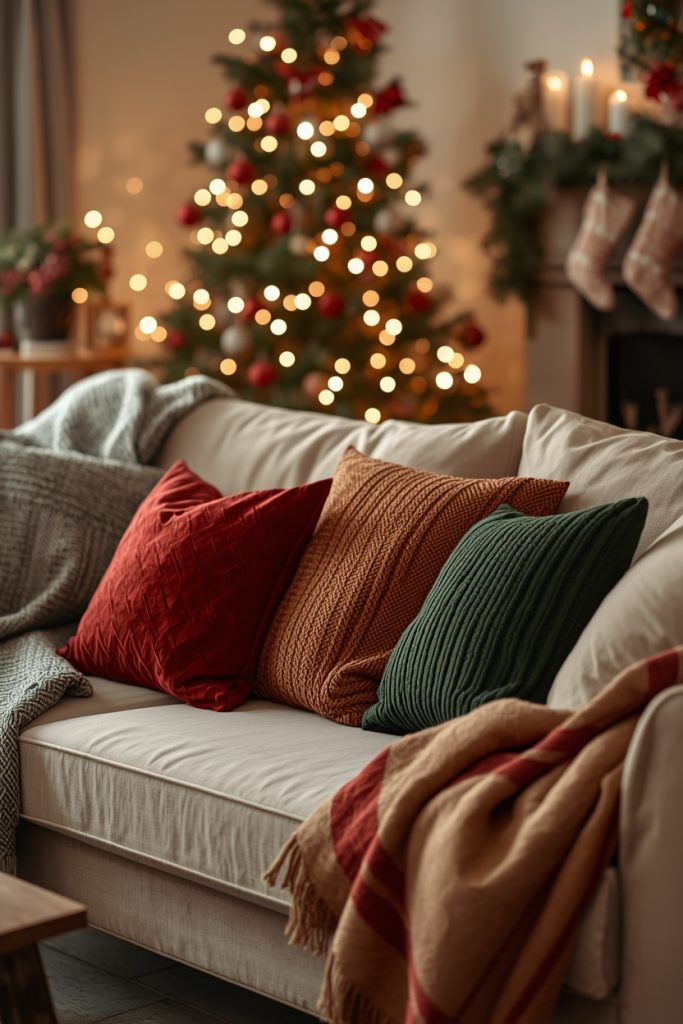 Cozy Christmas living room decor with layered cushions and throw blankets on a soft sofa creating a warm and inviting holiday space.