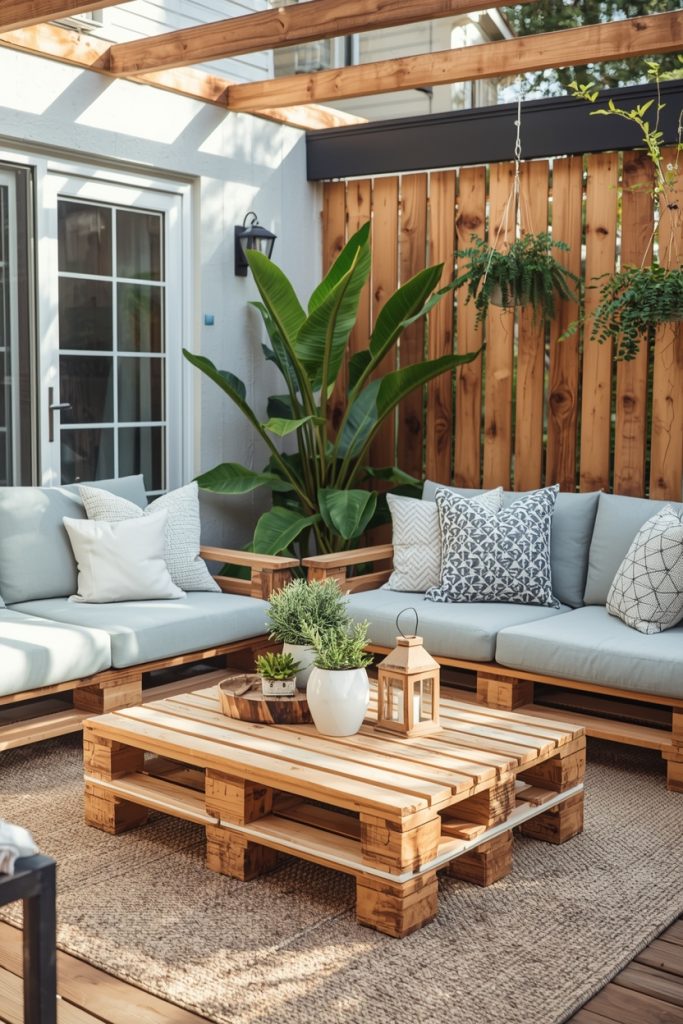 DIY outdoor patio makeover with pallet furniture, handmade decor, painted pots, and cozy seating creating a creative and budget-friendly outdoor space.