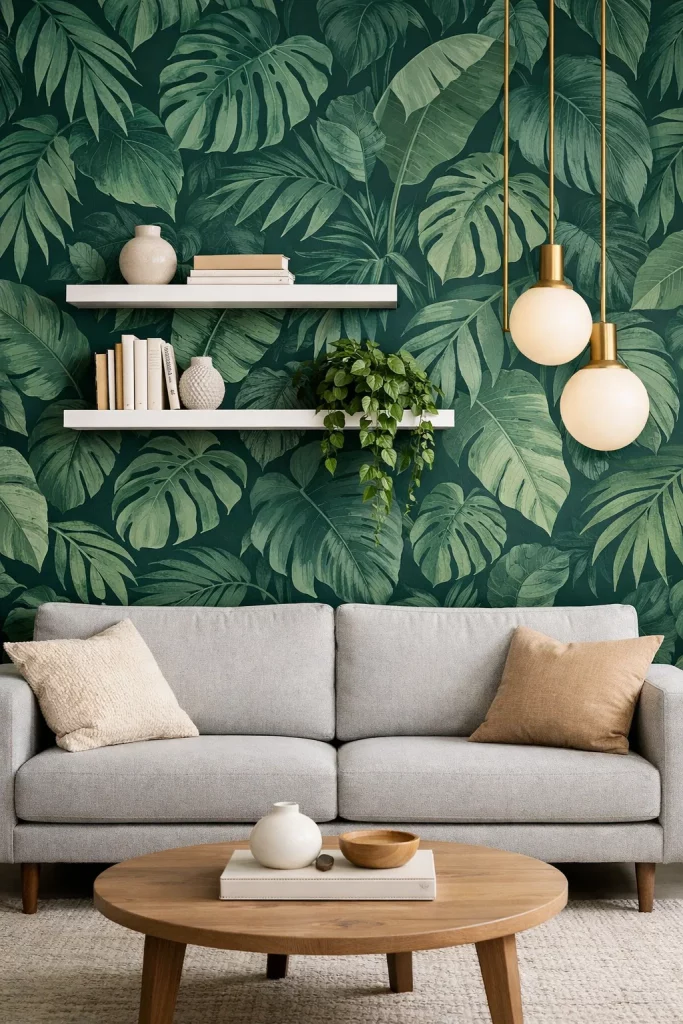 DIY budget living room makeover using peel-and-stick botanical wallpaper on an accent wall behind a gray sofa with floating shelves