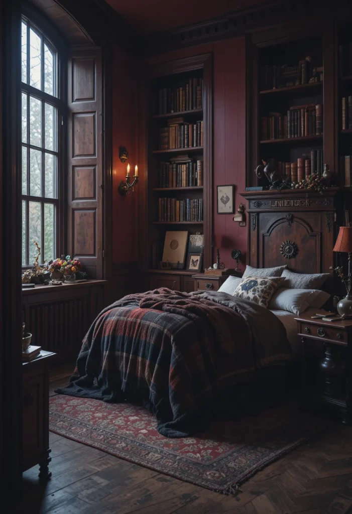 Dark academia colorful bedroom with oxblood red walls, bookshelves and warm candlelight
