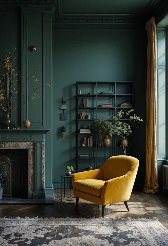 Dark forest green living room with a bright yellow accent armchair as a statement piece