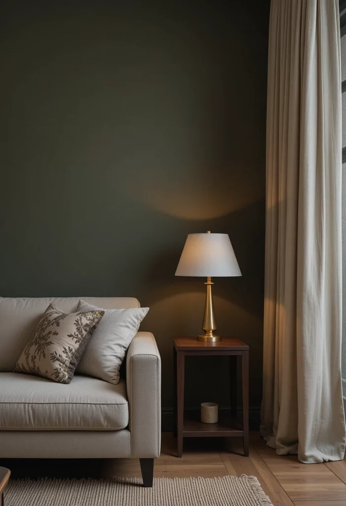 Dark olive green feature wall with brass accents in a sophisticated living room