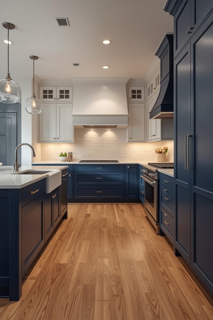 Dark blue and white kitchen with midnight navy cabinets contrasted by warm light oak hardwood flooring