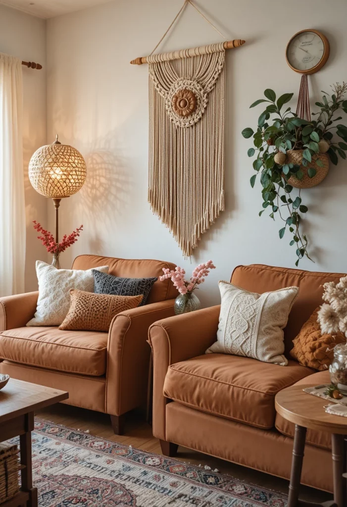 Budget living room decor with thrifted furniture, DIY macramé and rattan lamp