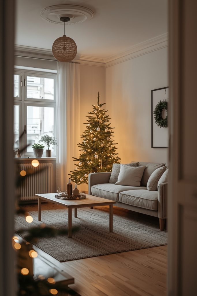 Small Christmas living room decor with minimal furniture, cozy sofa, and simple tree creating a clean and clutter-free holiday space.