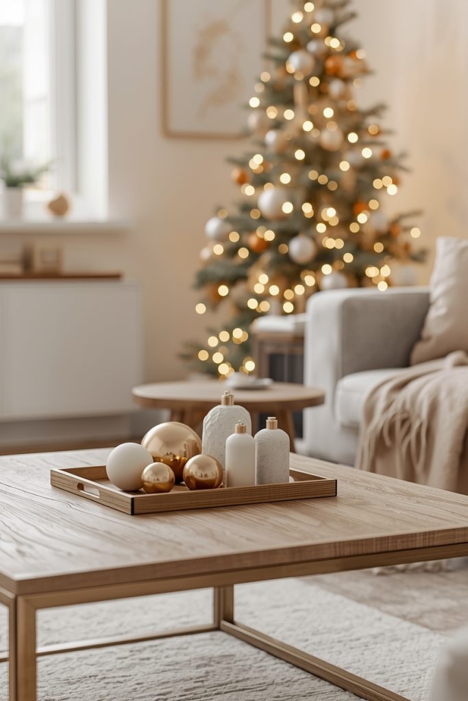 Minimal Christmas living room decor with simple ornaments arranged neatly creating a clean, elegant, and cozy holiday atmosphere.