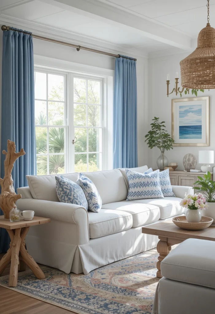 Best living room decor ideas 2026 with coastal modern blue and white palette and linen sofa