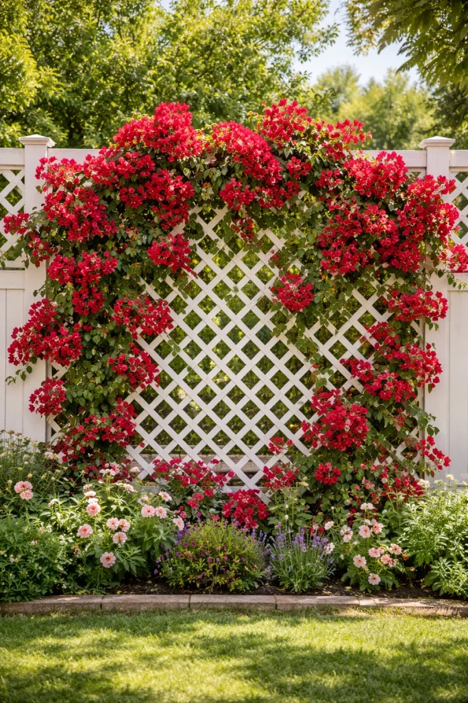 White diamond grid lattice trellis with bougainvillea β classic wooden trellis ideas for garden fences