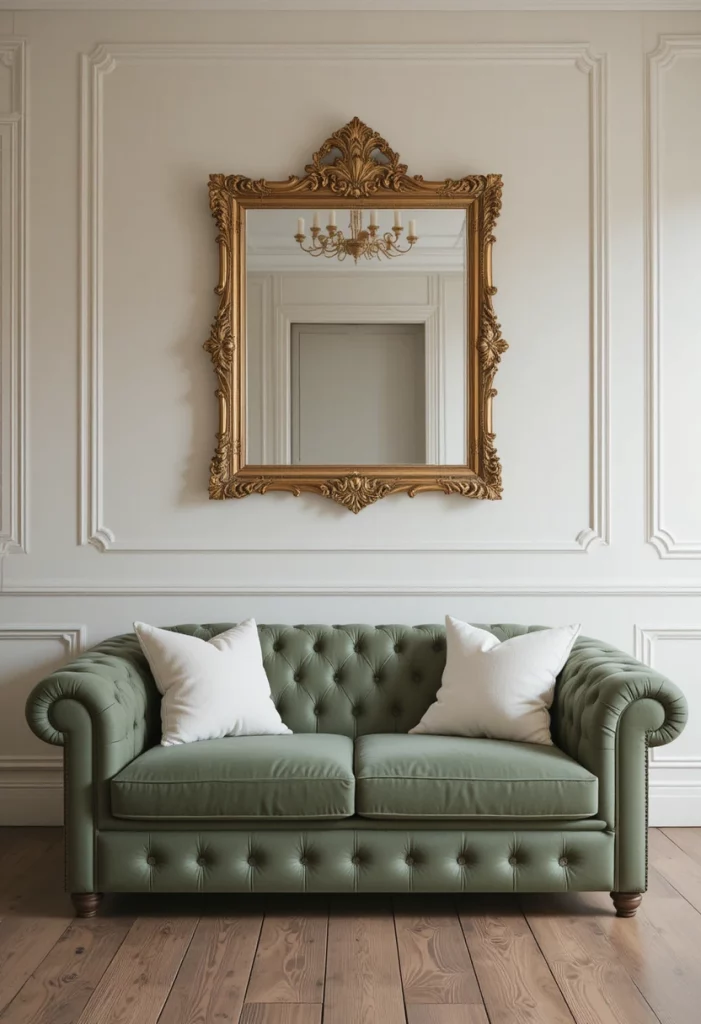 Dusty green tufted Chesterfield sofa with neutral cushions in an elegant beige living room