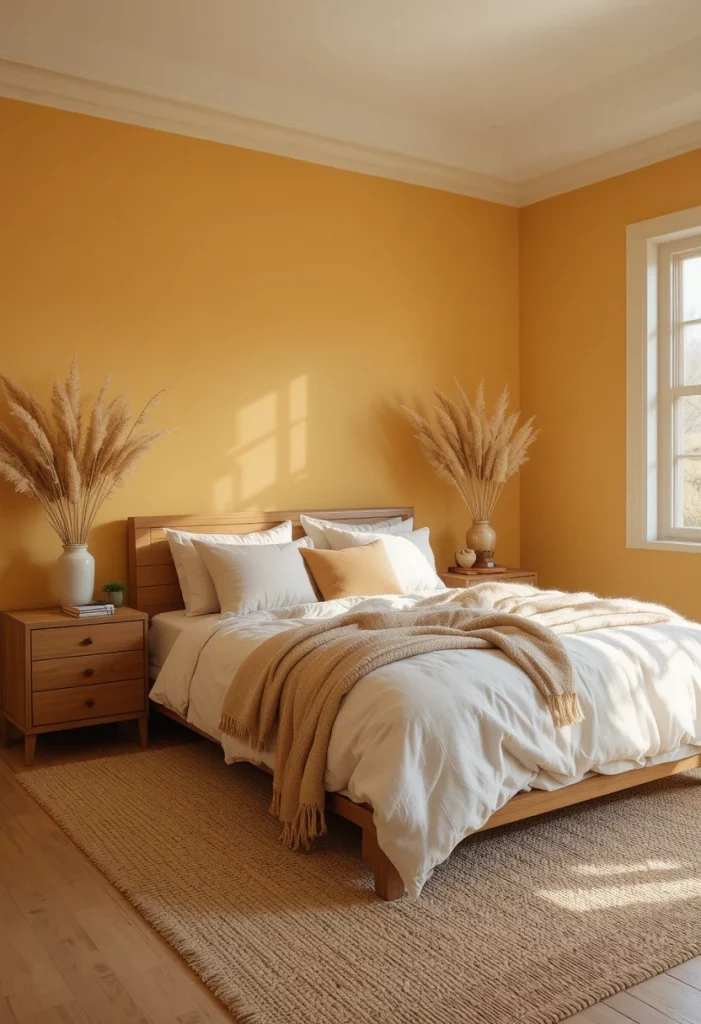 Earthy colorful bedroom with ochre yellow walls, linen bedding and natural wood accents