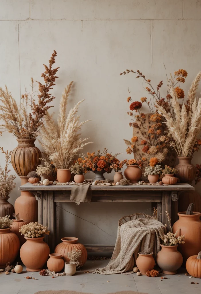 Earthy terracotta fall wedding tablescape with burnt orange flowers dried botanicals and clay pots