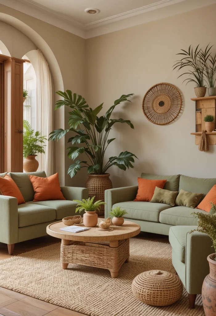 Earthy living room with green beige and terracotta tones and rattan decor