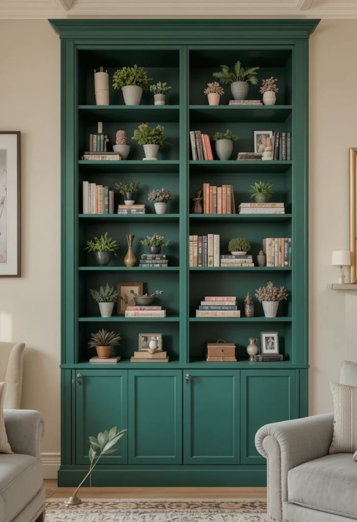 Emerald green bookcase styled with books and plants in a beige living room