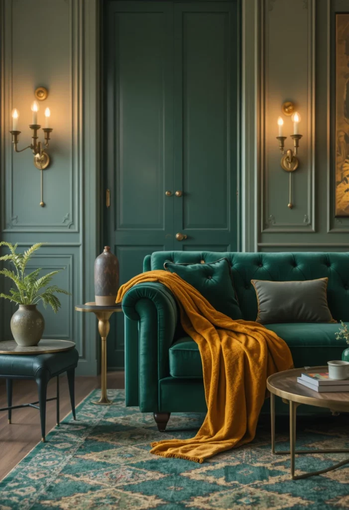 Emerald green velvet sofa with mustard yellow accents in a modern living room