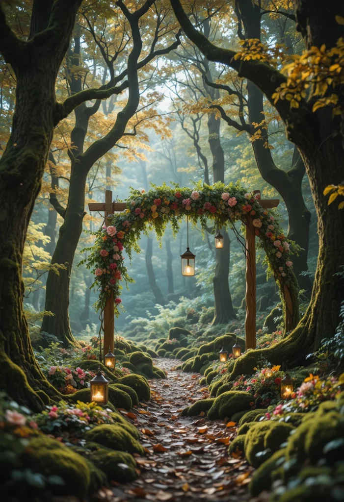 Enchanted forest fall wedding ceremony with fairy lights moss and woodland greenery