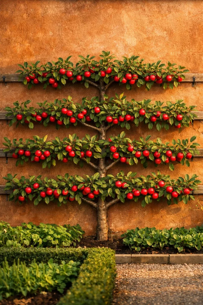 Espalier apple tree on a garden wall trellis frame β unique advanced trellis ideas for fruit trees