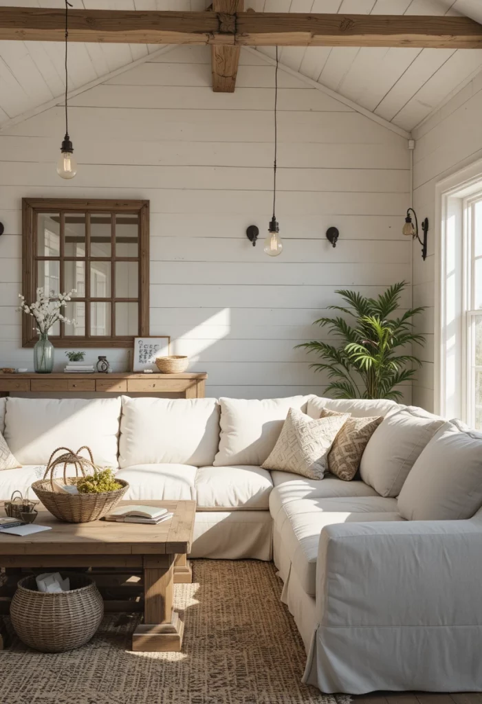 Farmhouse living room decor with shiplap walls, linen sectional and reclaimed wood accents