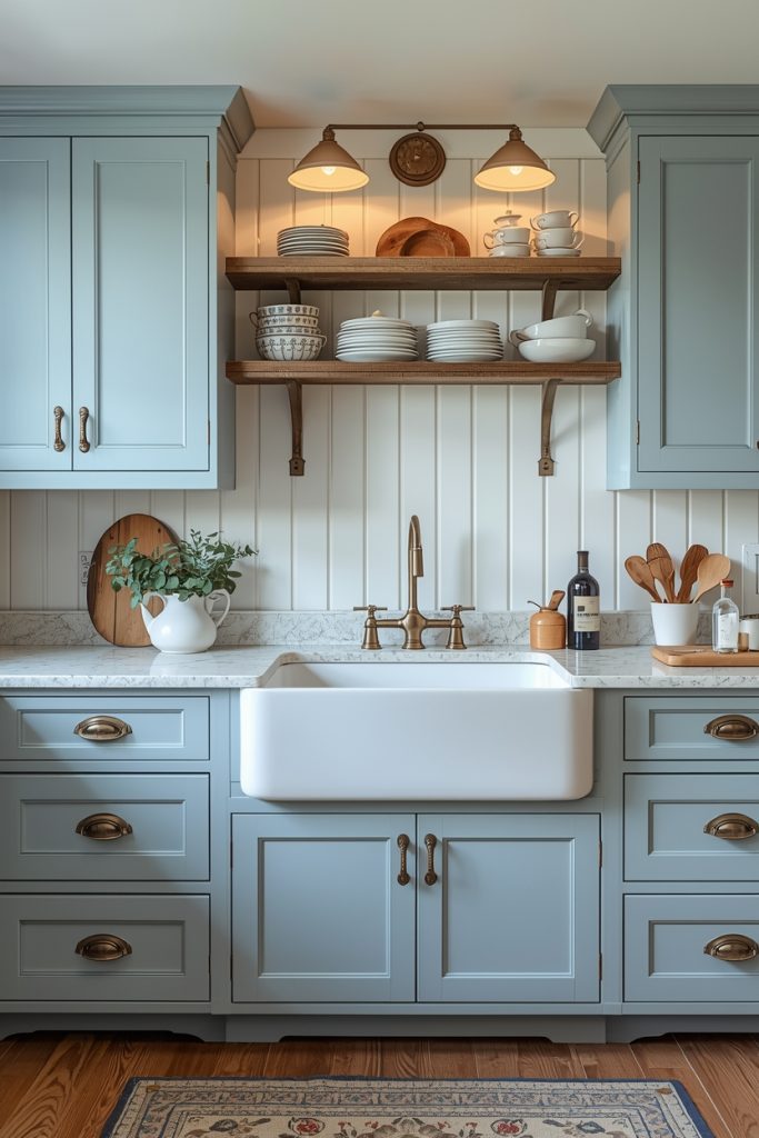 Farmhouse blue and white kitchen with dusty blue shaker cabinets and a white apron front sink