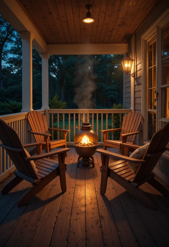 Cast iron chiminea on summer porch at night with Adirondack chairs creating cozy fire focal point